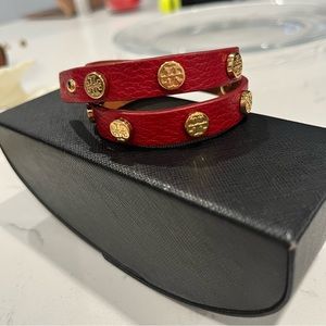 Tory Burch Leather Double Wrap Stud Bracelet (Poppy Red Gold)
